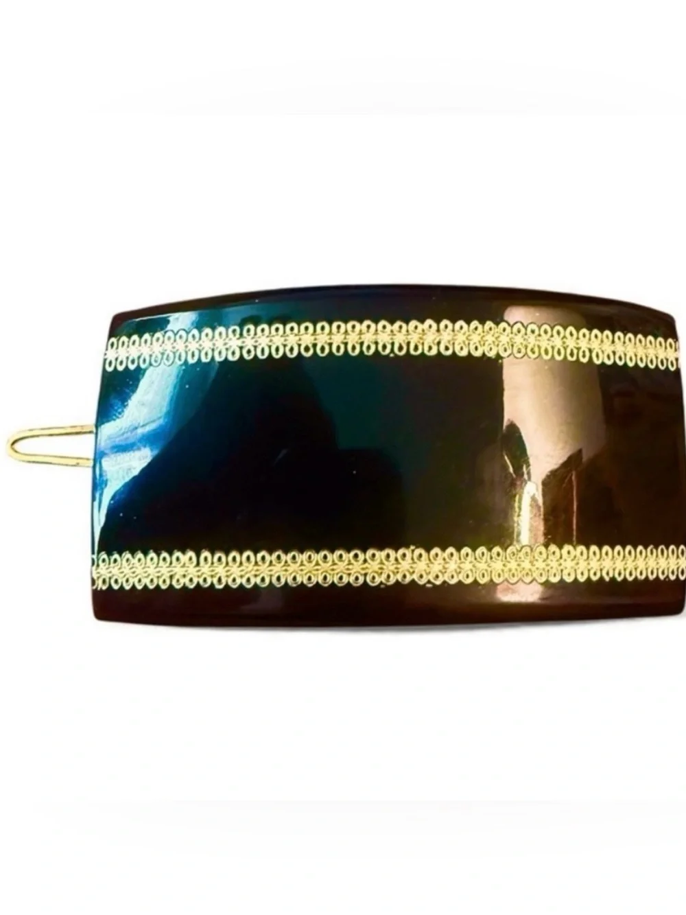 1950’s French Curved Hair Clip Barrette in Black & Gold, Wire Clasp, Unworn 2.5”